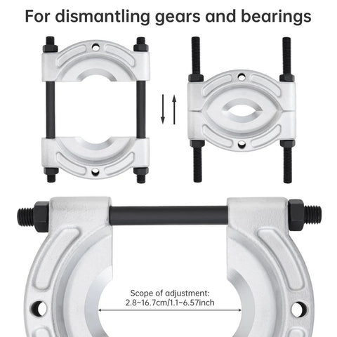 ChgImposs heavy-duty bearing puller with 1/2–5-3/4 in jaw spread; chrome-plated gear and pinion splitter for wheel hub