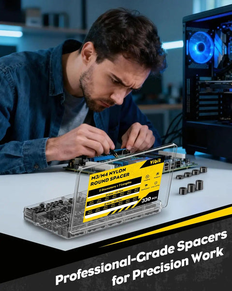 Hella Sturdy Nylon Spacers Assorted M3 M4 Screw Standoffs 330 Piece Set Black Round Non Threaded Hardware Bits in use.