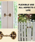 Heavy Duty Brass Hook And Eye Latch For Outdoor Gates And Barn Doors Built Like A Tank With An Antique Bronze Coating on a white fence.