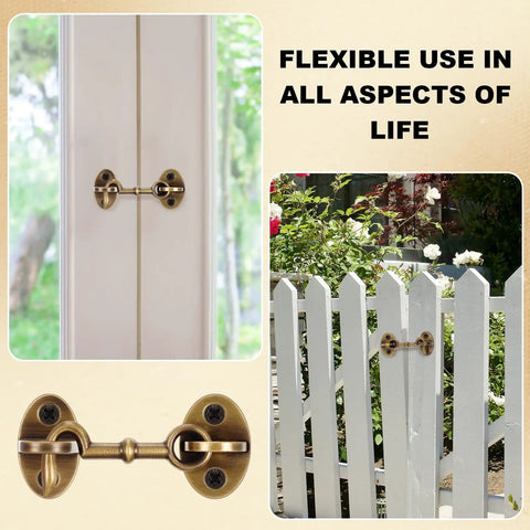 Heavy Duty Brass Hook And Eye Latch For Outdoor Gates And Barn Doors Built Like A Tank With An Antique Bronze Coating on a white fence.