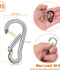 Rock Solid Heavy Duty Aluminum Carabiner Clip Set For Flagpole Swivel Ring Replacement Spring Snap Hooks displayed in hand, 2 inch size, polished silver.