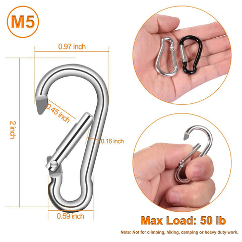 Rock Solid Heavy Duty Aluminum Carabiner Clip Set For Flagpole Swivel Ring Replacement Spring Snap Hooks displayed in hand, 2 inch size, polished silver.