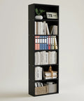 Six Tier Tall Bookcase With Industrial Rustic Wood Look And Open Storage Shelves For Books And Decor Floor Standing Black