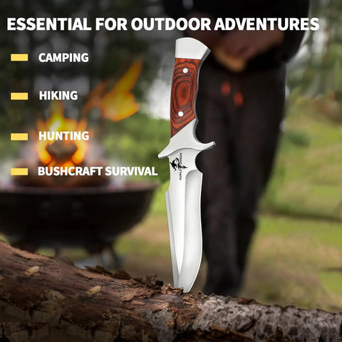 Fixed Blade Camping Knife With Sheath 6 Inch Outdoor Knife Full Tang 440C Steel Bushcraft Knife With Redwood Handle against outdoors