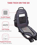 Open ScanSmart TSA Laptop Backpack Fits 17 Inch Laptop with RFID protection, showing padded compartments and grey polyester material.