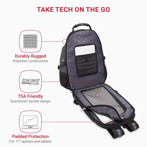 Open ScanSmart TSA Laptop Backpack Fits 17 Inch Laptop with RFID protection, showing padded compartments and grey polyester material.
