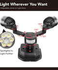 Dope Led Flood Light Outdoor Motion Sensor With Wide 450 Degree Adjustability showing adjustable light arms and angles.