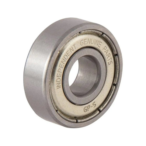 Close-up of a GP-S skateboard bearing showing dust proof metal shield and shieldless back, designed for smooth, fast glide.