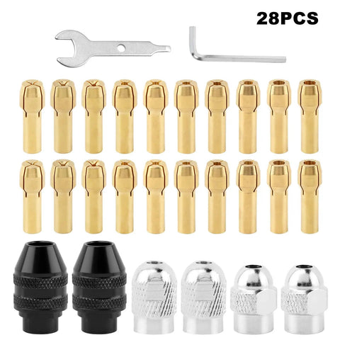 28 Piece Drill Chuck Collet Set For Rotary Tools One Thirty Second To One Eighth Inch Keyless Quick Change 3 Jaw