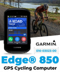 Edge 850 Compact GPS Cycling Computer With 2.7-Inch Vivid Color Touchscreen on road bike display, cyclist in background.