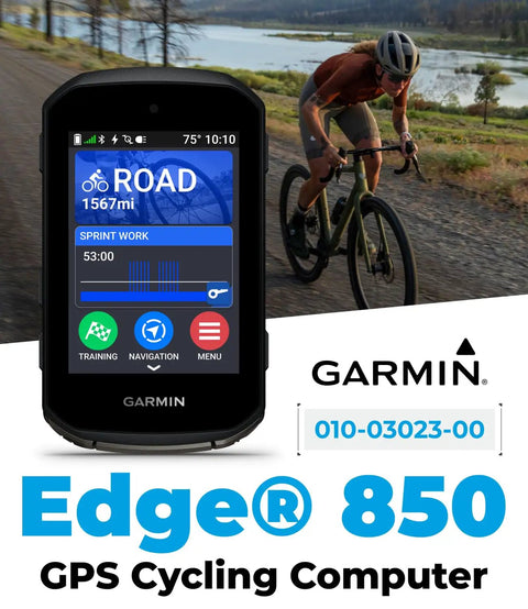 Edge 850 Compact GPS Cycling Computer With 2.7-Inch Vivid Color Touchscreen on road bike display, cyclist in background.