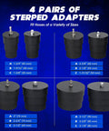 Turbo system leakage tester kit with 4 pairs of stepped adapters, (1-3/8 to 3-1/2 in), black rubber bodies and metal caps.