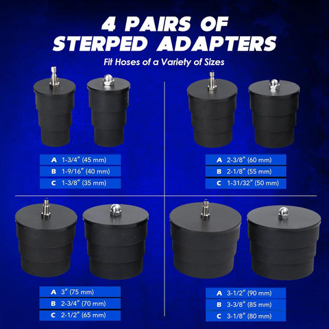 Turbo system leakage tester kit with 4 pairs of stepped adapters, (1-3/8 to 3-1/2 in), black rubber bodies and metal caps.