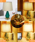 Blue Green Glass Table Lamp Set Of 2 With Fast 20W PD QC 3.0 USB C And USB A Chargers 3 Way Dimmable Touch Bedside Lamps With LED Fairy Lights Nightstand Lights showcasing dimming levels on nightstand