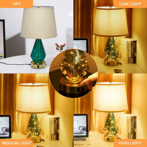 Blue Green Glass Table Lamp Set Of 2 With Fast 20W PD QC 3.0 USB C And USB A Chargers 3 Way Dimmable Touch Bedside Lamps With LED Fairy Lights Nightstand Lights showcasing dimming levels on nightstand