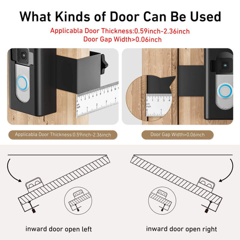 No Drill Anti Theft Video Doorbell Mount For Apartment Rentals Inward Swing Bracket installation diagram with size guide