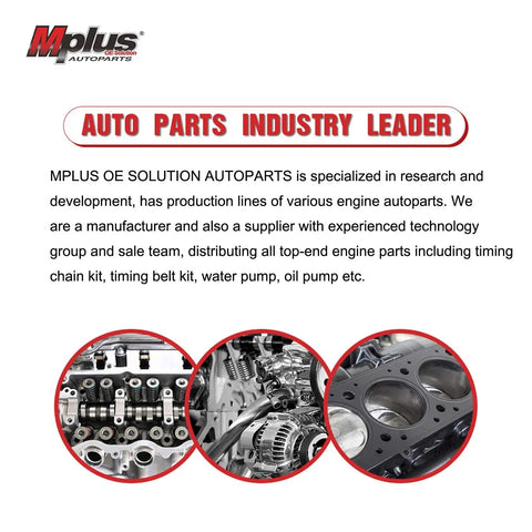 Mplus OE Solution Auto Parts showcasing various engine components, highlighting a water pump among engine parts.