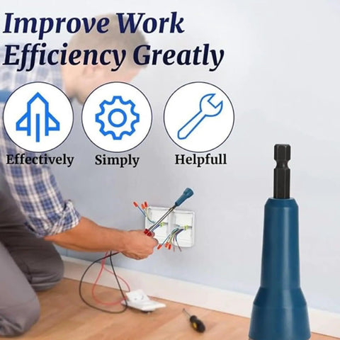 Built Tough Electric Wire Stripper Drill Attachment With Sharp Tungsten Blade, No Sweat Cable Crimper, Effortless Wiring Gear For Tradespeople And Weekend Builders in use during wiring project.