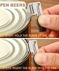 Using the 40 Pack Manual Stainless Steel Can Openers for Camping and Travel to open a can, step-by-step guide shown.