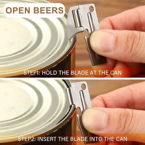 Using the 40 Pack Manual Stainless Steel Can Openers for Camping and Travel to open a can, step-by-step guide shown.