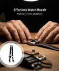 Hands using Metal Watch Band Removal Tool Kit with 8 Pins and Spring Bar Tool for easy strap changes on a table.
