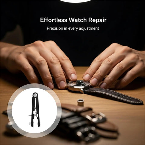 Hands using Metal Watch Band Removal Tool Kit with 8 Pins and Spring Bar Tool for easy strap changes on a table.
