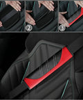 Fresh Red Six Piece Car Accessories Set Includes Universal 14.5 Inch Microfiber Leather Steering Wheel Cover Dope Smooth Grip Slick Seat Belt Pads Center Console Armrest Cover And Cup Coasters For Any Ride - Close-up of seat belt pad installation on car seat.