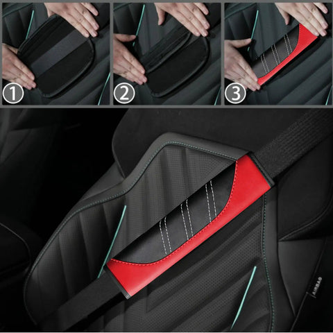 Fresh Red Six Piece Car Accessories Set Includes Universal 14.5 Inch Microfiber Leather Steering Wheel Cover Dope Smooth Grip Slick Seat Belt Pads Center Console Armrest Cover And Cup Coasters For Any Ride - Close-up of seat belt pad installation on car seat.