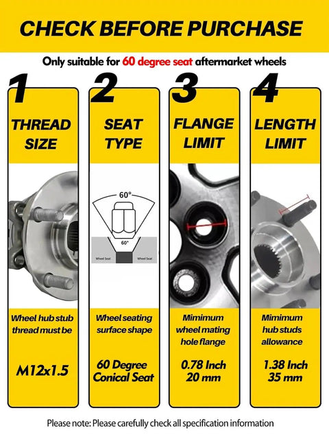 Compatibility chart for 24 Pcs M12x1.5 Lug Nuts 60 Degree Conical Seat Bulge Closed End with Socket for Toyota trucks