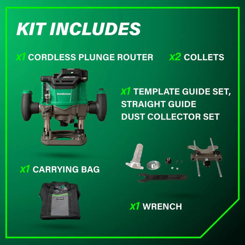 Kit includes Cordless Plunge Router Beast Mode 36V Variable Speed 11,000 To 25,000 RPM Lightweight 6.9 Lbs and accessories.