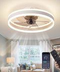 Modern Enclosed Ceiling Fan With Light White Finish 19.7 Inch Flush Mount Low Profile Fan Dimmable 3 Color LED 6 Speeds Safe Enclosed Blades Perfect For Kids Rooms Kitchen Bathroom Bedroom displaying light in living room with remote control.