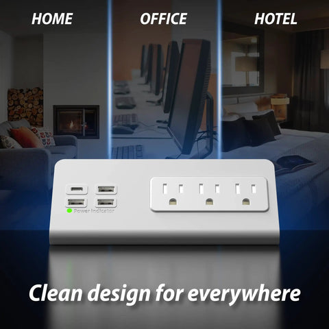 Edge Mount Power Strip With USB-C Ports And 4 Fast-Charging USB Ports, Desk Clamp Surge Protector with 3 AC outlets in home, office, hotel setup