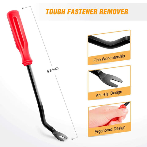 Tough fastener remover tool with ergonomic red handle; included in 100 Pcs Push Type Retainer Clips For Lexus And Toyota Body Panels And Splash Shields