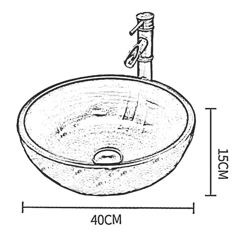 Round Hand Painted Ceramic Vessel Sink Above Counter Bathroom Basin With Slick Classic Vintage Vibes For Quick Room Glow Up And Top Tier Durable Vanity Setup, 40cm in diameter, 15cm high.