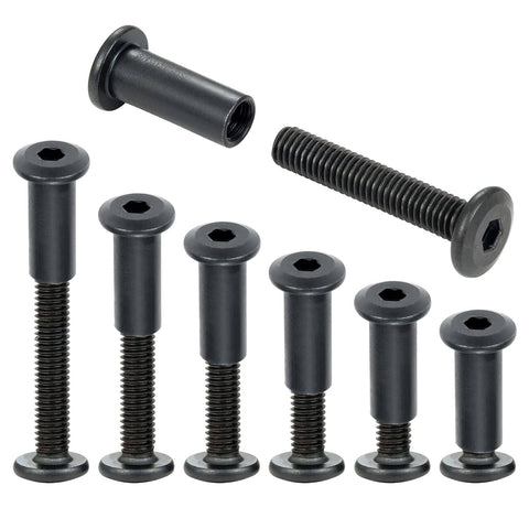40 Sets Black M6 Bolts And Nuts Cap Nuts Assortment Kit With 2 Matching Drive Tools For TV Stands Cribs Leather Goods Belts Purses Saddles And More Hardware Replacement showcasing black finish bolts and nuts.