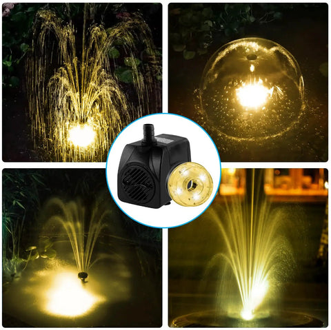 Submersible Pond Fountain Pump 15W 800L/H With LED Lights, Ultra Quiet for Ponds and Aquariums, multiple water spray patterns