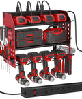 Power Tool Organizer Wall Mount With Charging Station, 3 Tier Red Garage Shelf, Built In 6 Outlet Power Strip And 1.65m Cord For Quick Charging, Grab And Go Access, And Neat Tool Storage. Wall-mounted steel rack with drills and chargers