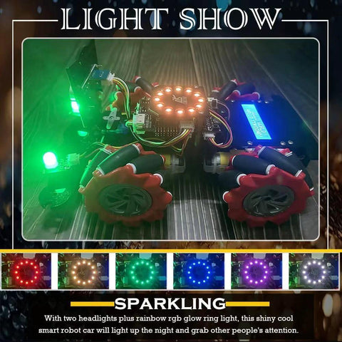 LK COKOINO 4WD smart car robot kit with mecanum wheels and RGB LED ring lights; Arduino-compatible DIY STEM project car