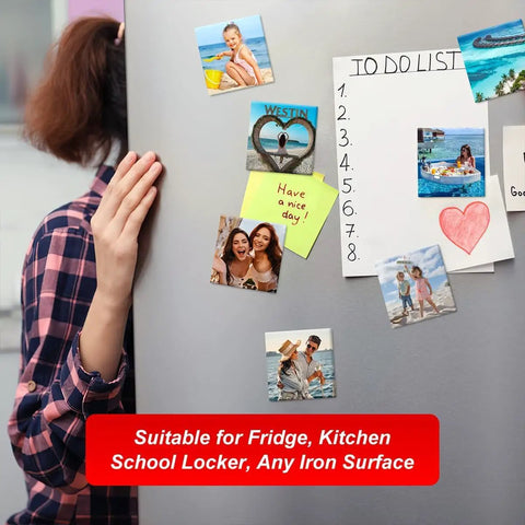 Fridge with photos and note showing 1000 Piece Acrylic Magnet Materials Kit For 2.5x2.5 Inch DIY Photo Fridge Magnets For Makers