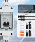 Front view of Solar Panel Disconnect Switch 30A 400V Mini Circuit Breaker Box IP65 Waterproof Dustproof, with dimensions and connectors.