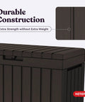 50 Gallon Resin Deck Box For Outdoor Storage Of Patio Cushions Throw Pillows And Garden Tools Brown Finish Durable Weather Resistant Construction For Patios Garages Or Covered Decks, featuring sturdy lid and construction detail