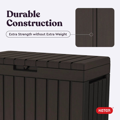50 Gallon Resin Deck Box For Outdoor Storage Of Patio Cushions Throw Pillows And Garden Tools Brown Finish Durable Weather Resistant Construction For Patios Garages Or Covered Decks, featuring sturdy lid and construction detail