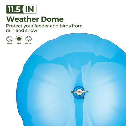 Weather Guard Dome Cover For Hanging Bird Feeders Rainproof And Easy To Clean 11.5 Inch Wide Shield in blue from above.