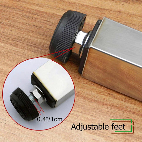 Built Tough Hassle Free Stainless Steel Folding Table Legs For Dining Desk And Bar Rig With Smooth Telescopic Adjustments close-up of adjustable feet.