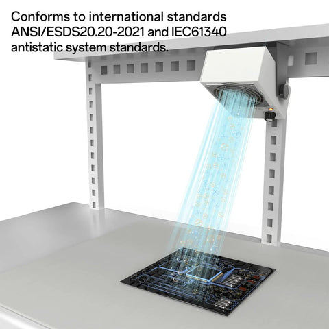 Anti Static Ion Fan Neutralizer for electronics manufacturing in lab, showing ion wind on a circuit board, ANSI IEC compliant