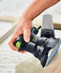 Person using Granat P150 Grit RTS Rectangular Sanding Sheets 80x133mm 100 Pack with Festool sander on wooden frame