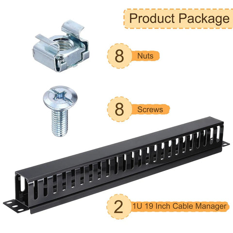 Product package includes Two Pack 1U 19 Inch Cable Manager For Network Cabinets, 24 Slot Horizontal Wire Organizer, nuts, and screws.