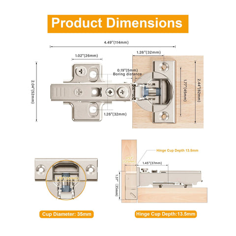 Frameless Full Overlay Soft Close Cabinet Hinges 2 Pack With Speed Adjustable Close 3 To 8 Seconds, 4D Adjustment dimensions