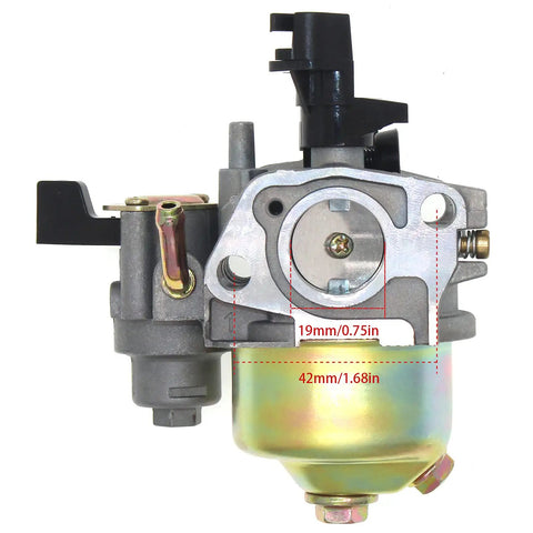 Premium 212cc Carburetor Replacement For Predator 6.5HP OHV Engines And Honda GX Series, front view, showing dimensions 19mm and 42mm.