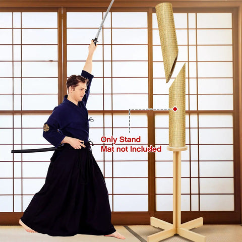 Martial artist using 43 Inch Solid Pine Kendo Tameshigiri Practice Cutting Stand Real Deal Heavy Duty Wooden Dummy Holder For Katana Training Stable Durable Platform With Varnish Finish And Safe Mat Area